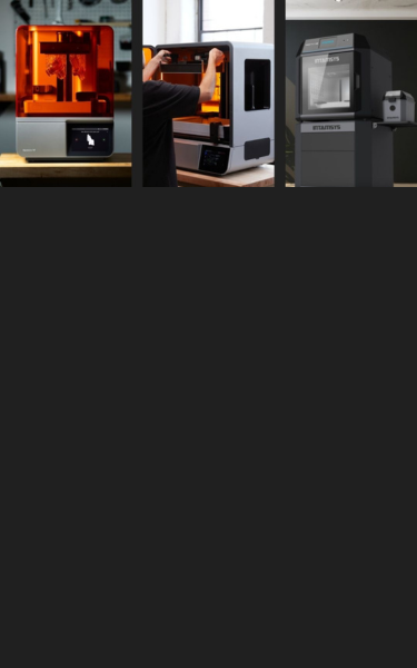 Collage of three 3D printers in different stages of operation.