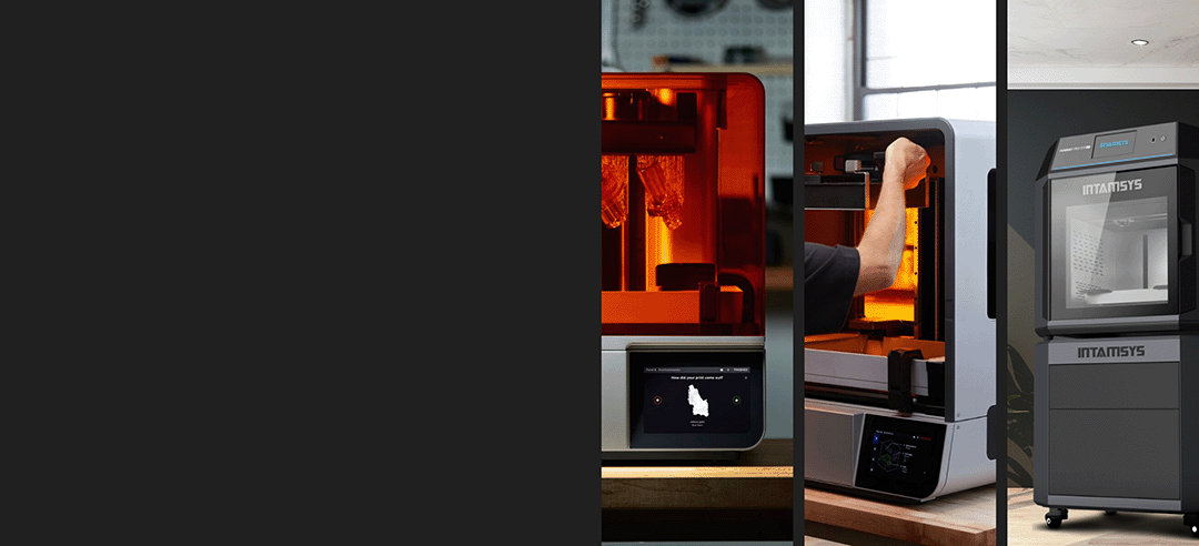 Collage of three 3D printers in different stages of operation.