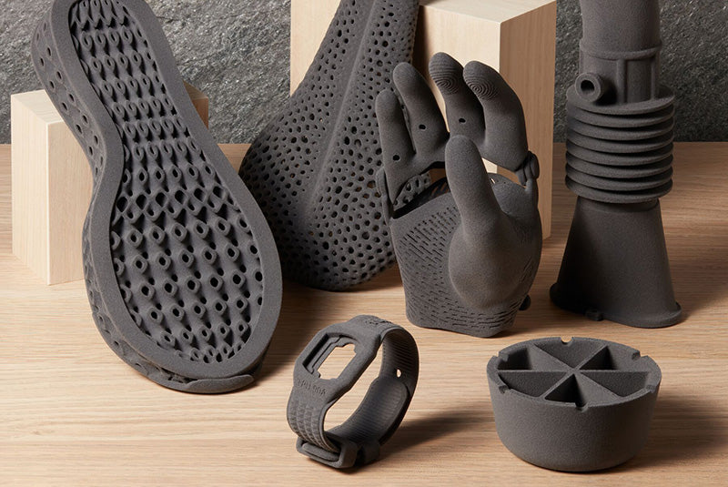 Grouping of 3D printed objects made from resin.